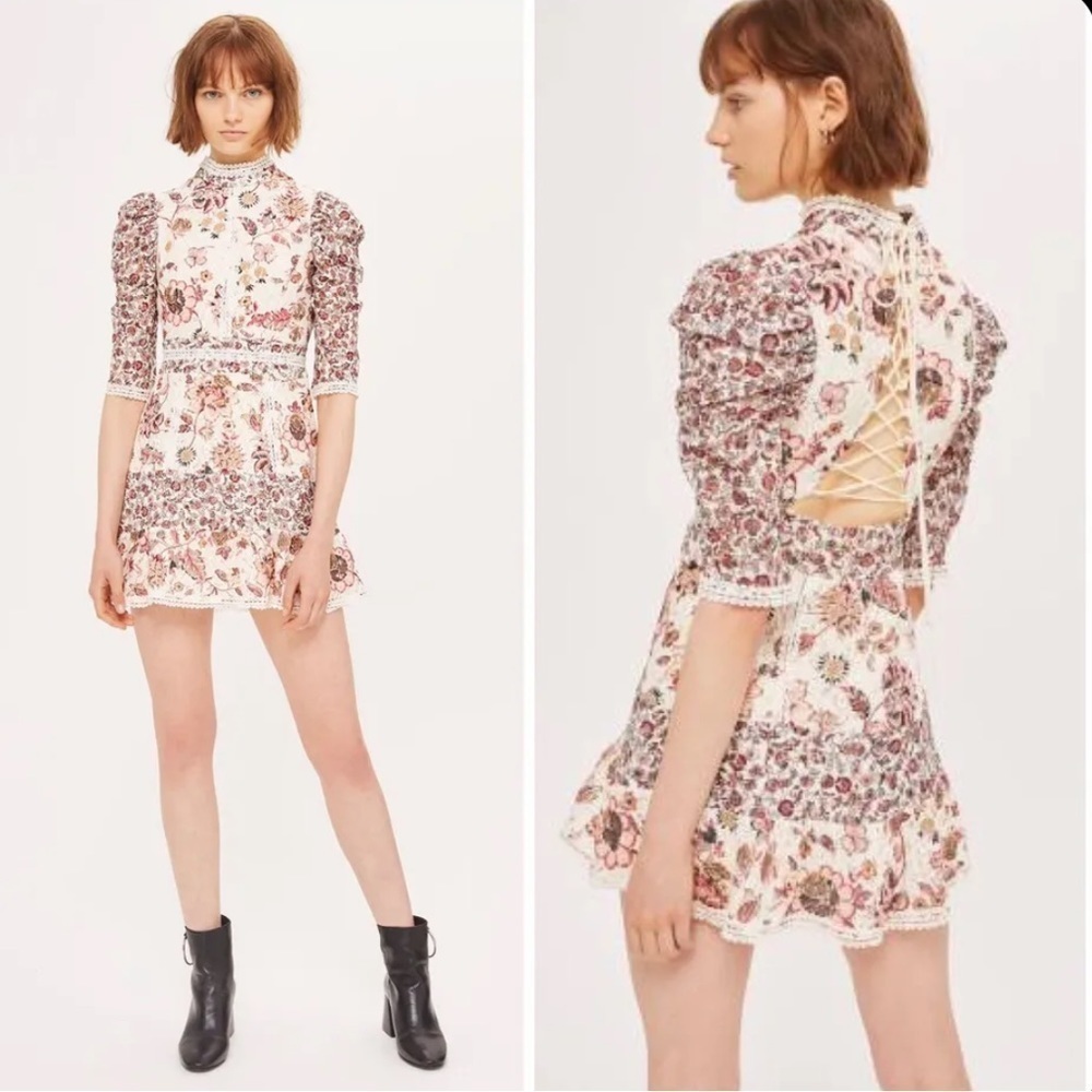 New! Topshop floral lace up back puff sleeve dress NWT 795